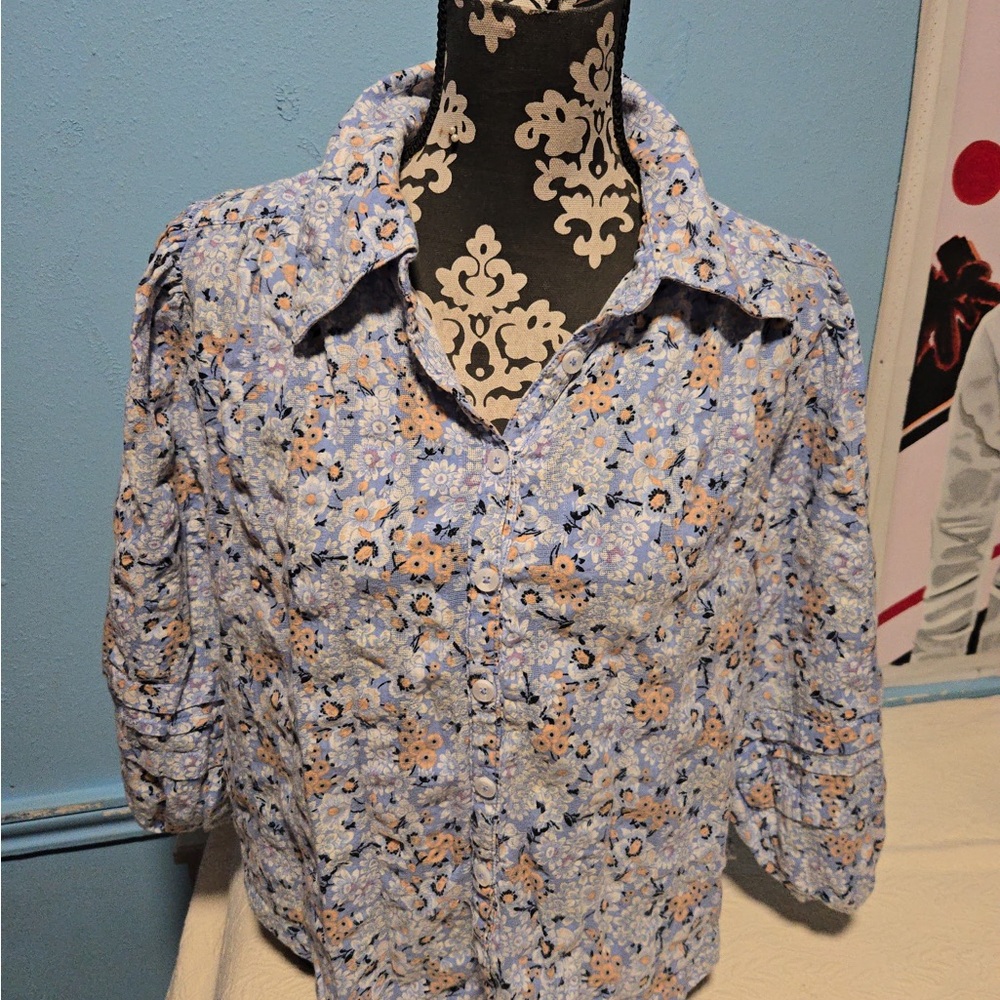 Free People Floral Top in Blue and Peach